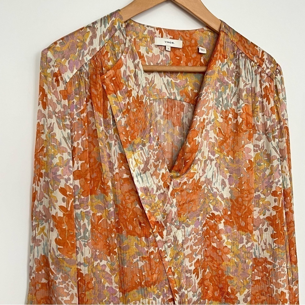 VINCE Silk Floral Print Long Sleeve Blouse Orange Fantasy Small - Picture 9 of 15